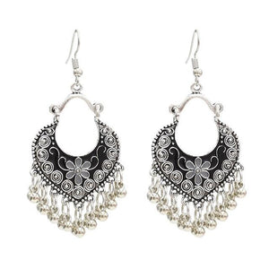 Egypt Vintage Silver Alloy Jhumka Bells Beads Tassel Statement Earrings