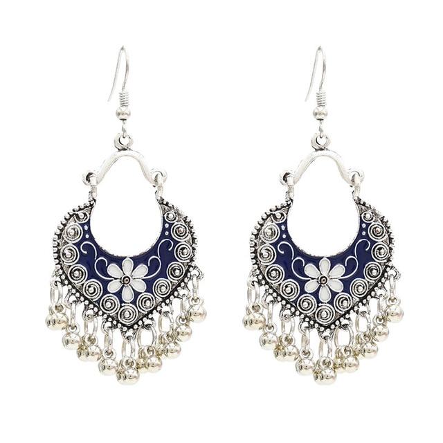 Egypt Vintage Silver Alloy Jhumka Bells Beads Tassel Statement Earrings