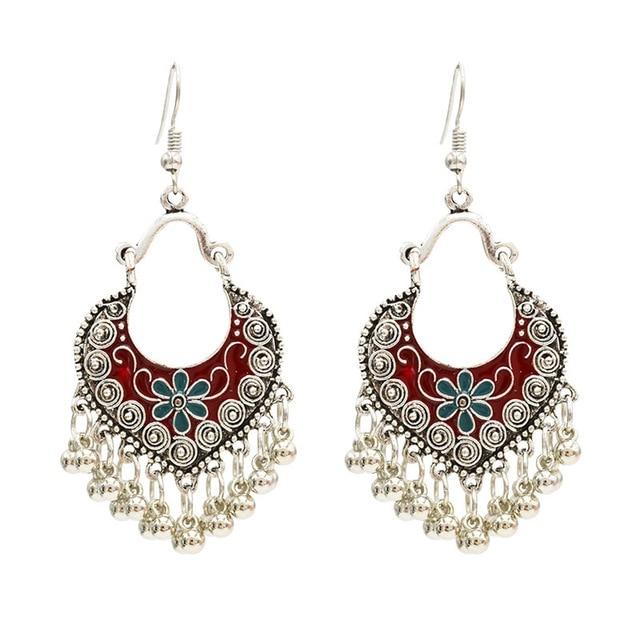 Egypt Vintage Silver Alloy Jhumka Bells Beads Tassel Statement Earrings