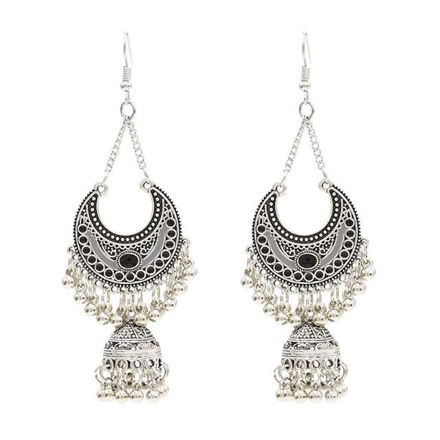 Egypt Vintage Silver Alloy Jhumka Bells Beads Tassel Statement Earrings