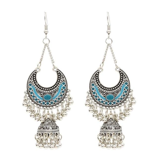 Egypt Vintage Silver Alloy Jhumka Bells Beads Tassel Statement Earrings