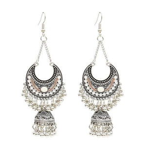 Egypt Vintage Silver Alloy Jhumka Bells Beads Tassel Statement Earrings