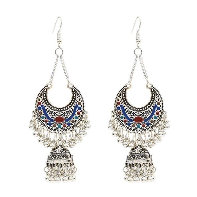 Egypt Vintage Silver Alloy Jhumka Bells Beads Tassel Statement Earrings