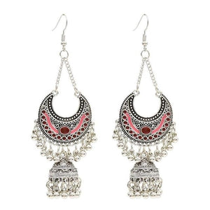 Egypt Vintage Silver Alloy Jhumka Bells Beads Tassel Statement Earrings