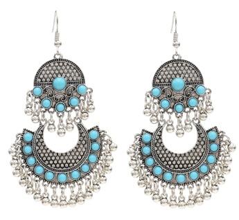 Egypt Vintage Silver Alloy Jhumka Bells Beads Tassel Statement Earrings