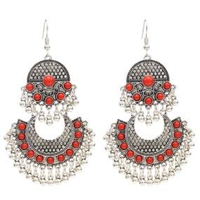 Egypt Vintage Silver Alloy Jhumka Bells Beads Tassel Statement Earrings