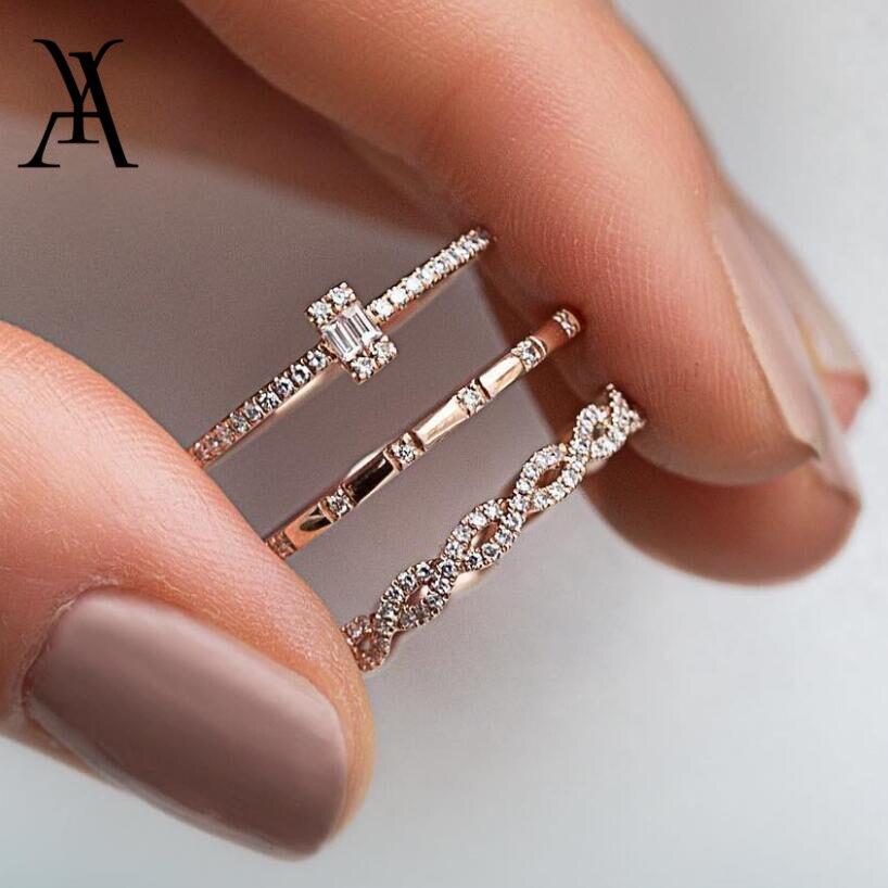 AY 3Pcs/Set Fashion Geometry Intersect Crystal Rings Set For Women