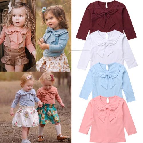 Toddler Kids Baby Girl Bowknot Peter Pan Collar Cotton T-shirt