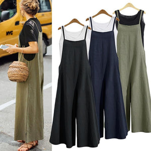 2018 New Summer Women Casual Solid Strap Wide Leg Pants Pockets Romper Dungaree Bib Overalls Loose Cotton Linen Jumpsuits Casual