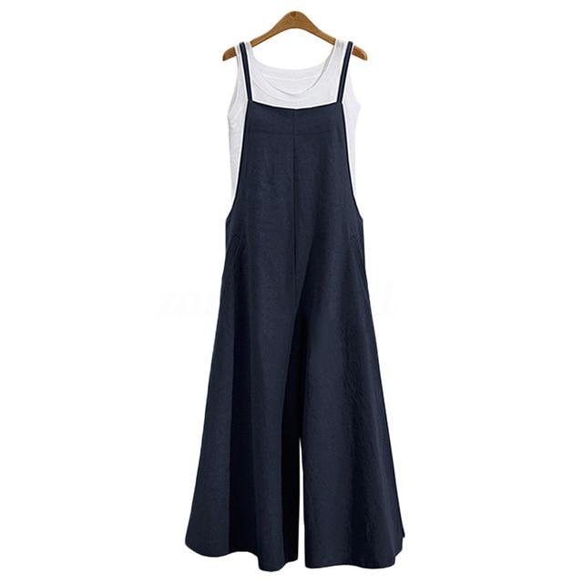 2018 New Summer Women Casual Solid Strap Wide Leg Pants Pockets Romper Dungaree Bib Overalls Loose Cotton Linen Jumpsuits Casual