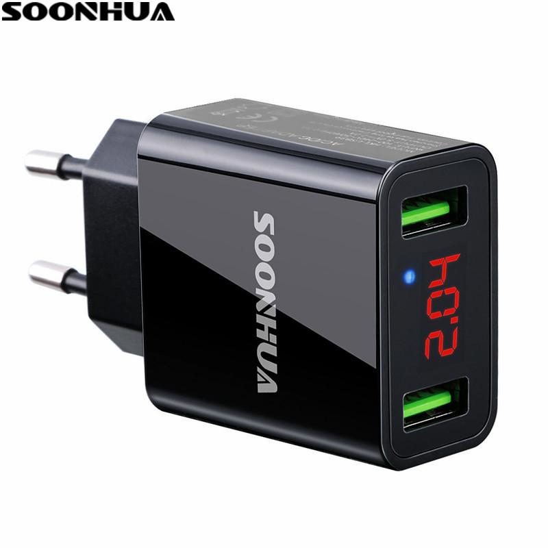 SOONHUA LED Display Dual USB Charger EU/US Plug 2.2A Max Smart Fast Charging Mobile Phone Wall Charger for iPhone iPad Samsung