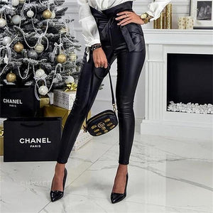 InstaHot Gold Black Belt High Waist Pencil Pant Women Faux Leather PU Sashes Long Trousers Casual Sexy Exclusive Design Fashion