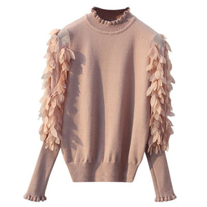 HLBCBG Ruffled Collar Knitted Women Sweater Spring Autumn Loose Jumper Fashion Flowers Sleeves Sweater and Pullover Femme Pull