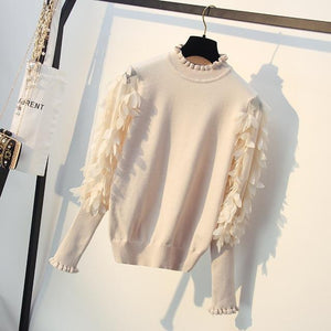 HLBCBG Ruffled Collar Knitted Women Sweater Spring Autumn Loose Jumper Fashion Flowers Sleeves Sweater and Pullover Femme Pull