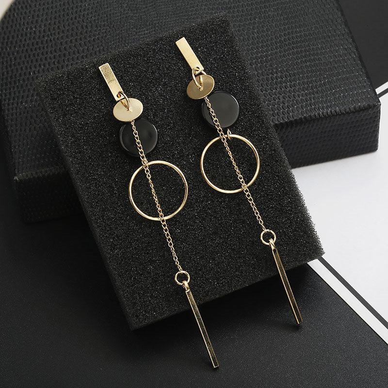 Korean Fashion Long Slope Geometric asymmetry Rhinestone circle earrings