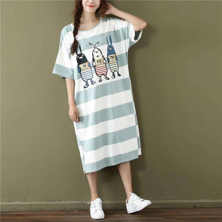 2019 Summer Korean Casual Women Dress Loose Striped Cartoon Print Cotton O Neck Short Sleeve Tshirt Dress Plus Size 4xl