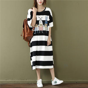 2019 Summer Korean Casual Women Dress Loose Striped Cartoon Print Cotton O Neck Short Sleeve Tshirt Dress Plus Size 4xl