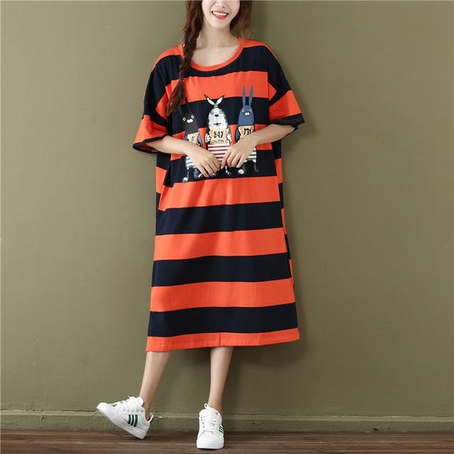 2019 Summer Korean Casual Women Dress Loose Striped Cartoon Print Cotton O Neck Short Sleeve Tshirt Dress Plus Size 4xl