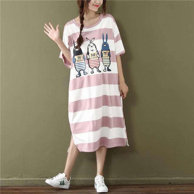 2019 Summer Korean Casual Women Dress Loose Striped Cartoon Print Cotton O Neck Short Sleeve Tshirt Dress Plus Size 4xl