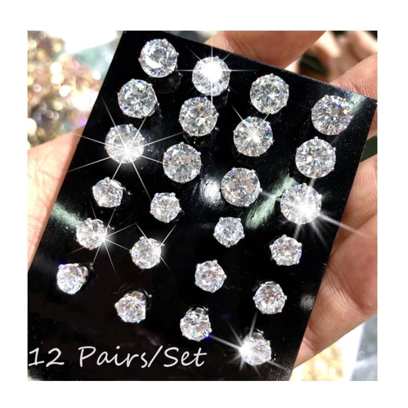 12 Pair/Pack AAA CZ Shiny Wedding Stud Earrings Set for Women