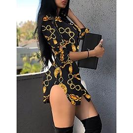 New Print Ladies Dress Sexy Nightclub Lace Short Dress Bend Hem Chain Print Belt Casual Shirt Dress Variety Optional