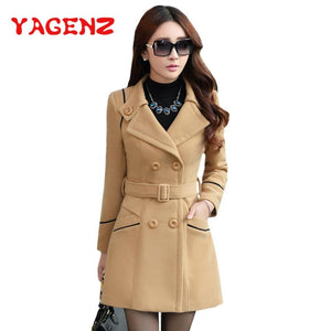 YAGENZ M-3XL Autumn Winter Wool Jacket Women Double Breasted Coats Elegant Overcoat Basic Coat Pockets Woolen Long Coat Top 200