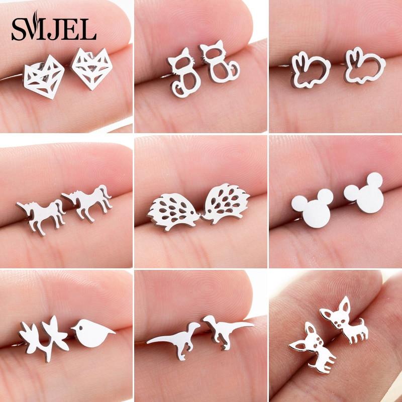 Stainless Steel Mickey Stud Earrings for Women Girls Minimalist Fox Cat Hedgehog Earings