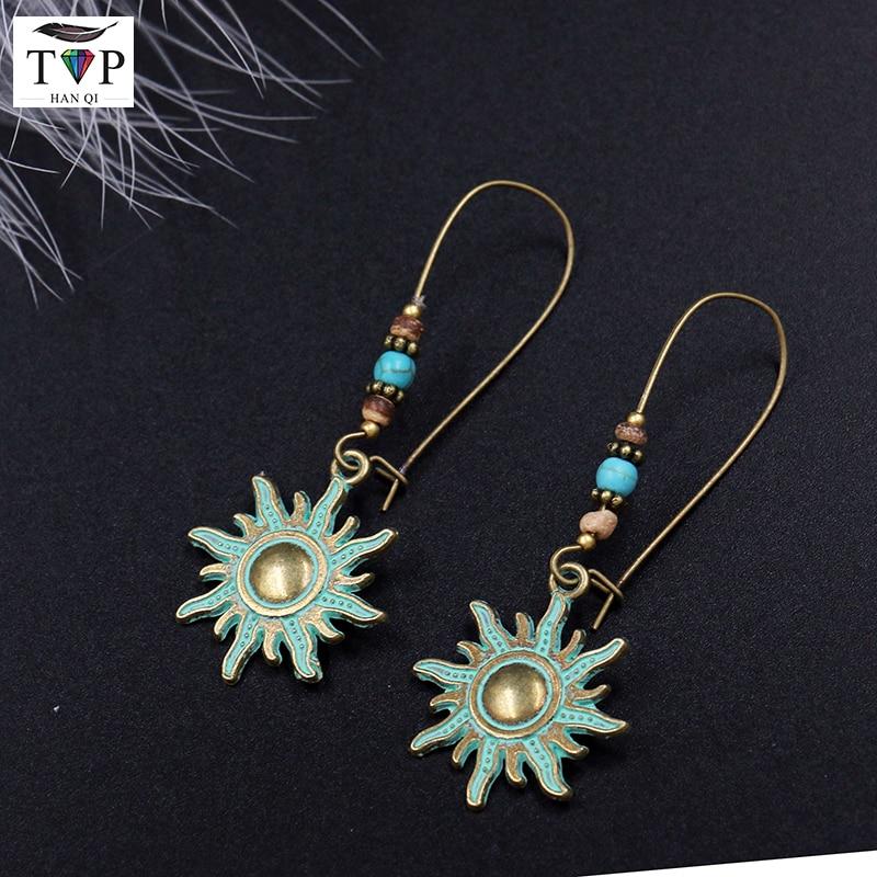 Bronze Sun Drop Earrings Danglers Bohemian Vintage Charm Earrings