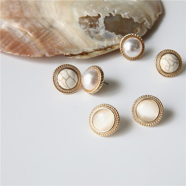 MENGJIQIAO 2019 Japan New Vintage Round Marble Opal Stone Big Stud Earrings