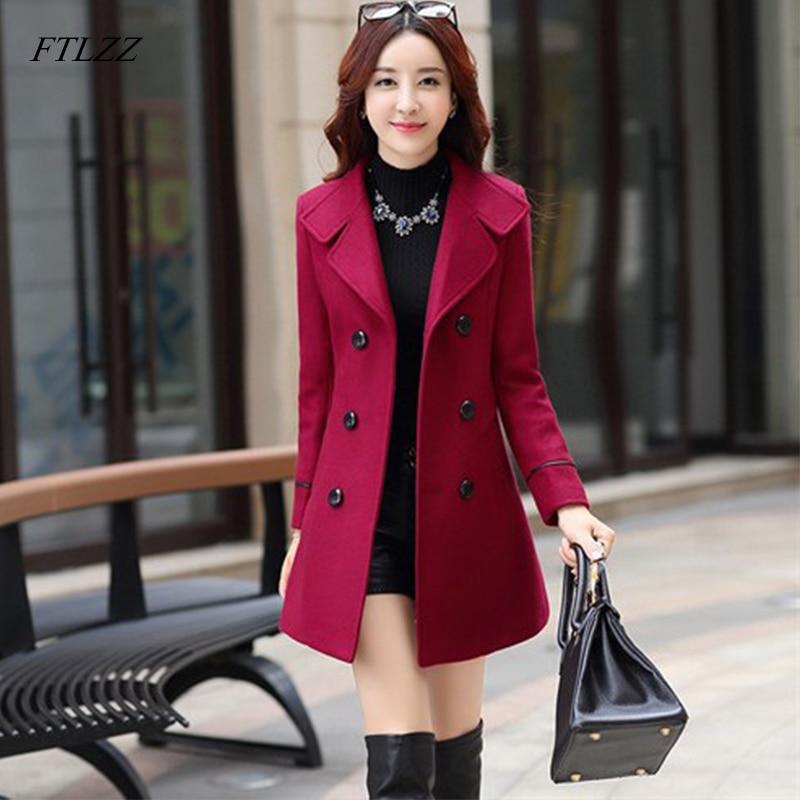 FTLZZ Women Wool Blend Warm Long Coat Plus Size Female Slim Fit Lapel Woolen Overcoat Autumn Winter  Cashmere Outerwear