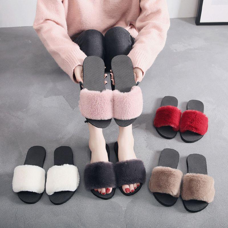 36-40 Women Slippers Fashion Fluffy Faux Fur Plush Slippers/ Flip Flops