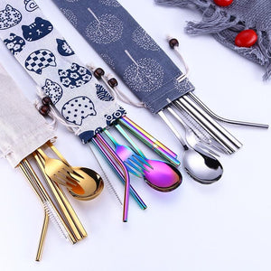 Tofok Stainless Steel Dinnerware Set Spoon Fork Chopsticks Straw With Cloth Pack Cutlery For Travel Outdoor Office Picnic BBQ