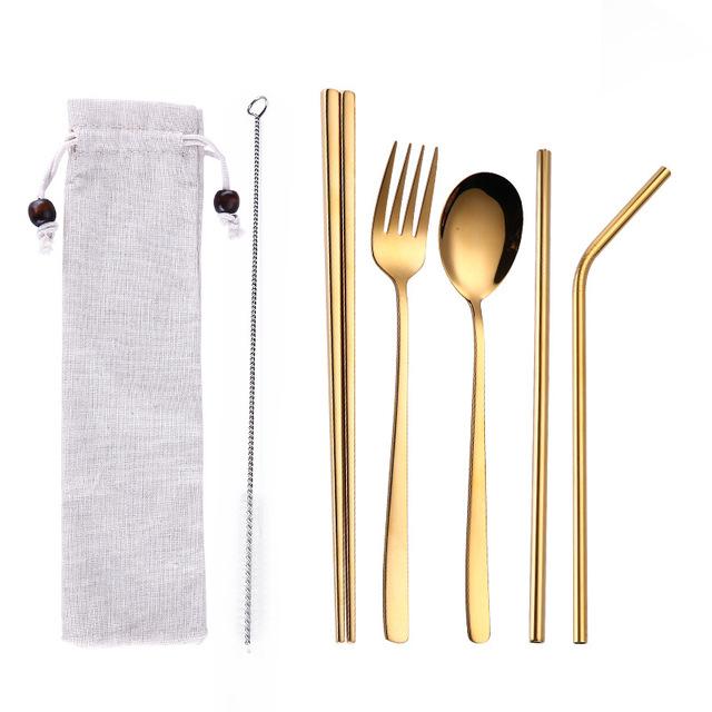 Tofok Stainless Steel Dinnerware Set Spoon Fork Chopsticks Straw With Cloth Pack Cutlery For Travel Outdoor Office Picnic BBQ