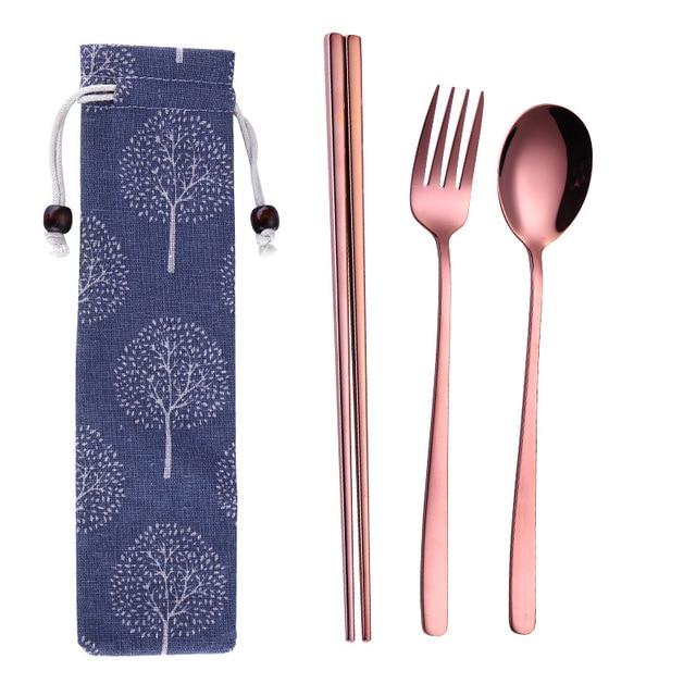 Tofok Stainless Steel Dinnerware Set Spoon Fork Chopsticks Straw With Cloth Pack Cutlery For Travel Outdoor Office Picnic BBQ