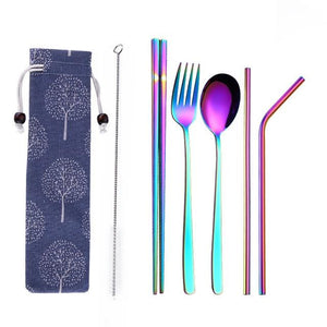 Tofok Stainless Steel Dinnerware Set Spoon Fork Chopsticks Straw With Cloth Pack Cutlery For Travel Outdoor Office Picnic BBQ