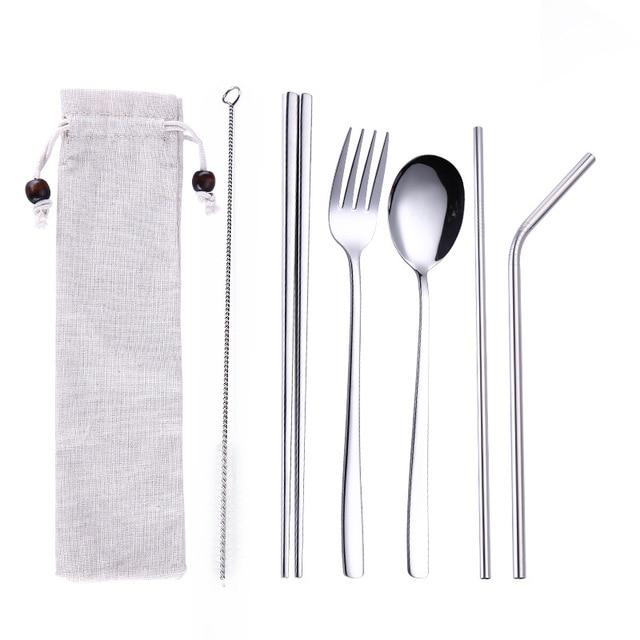 Tofok Stainless Steel Dinnerware Set Spoon Fork Chopsticks Straw With Cloth Pack Cutlery For Travel Outdoor Office Picnic BBQ