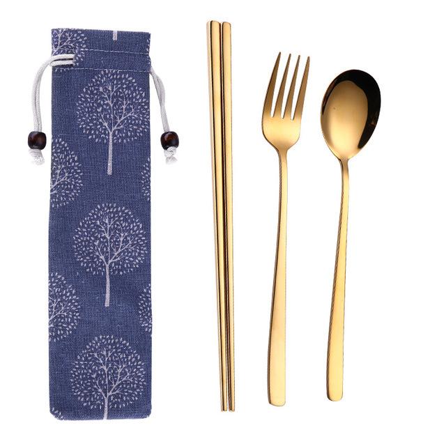 Tofok Stainless Steel Dinnerware Set Spoon Fork Chopsticks Straw With Cloth Pack Cutlery For Travel Outdoor Office Picnic BBQ