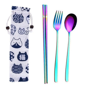 Tofok Stainless Steel Dinnerware Set Spoon Fork Chopsticks Straw With Cloth Pack Cutlery For Travel Outdoor Office Picnic BBQ