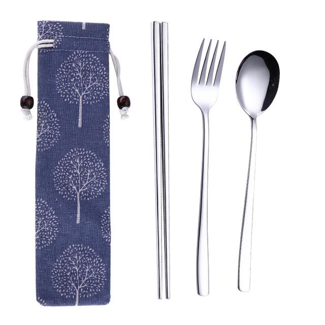 Tofok Stainless Steel Dinnerware Set Spoon Fork Chopsticks Straw With Cloth Pack Cutlery For Travel Outdoor Office Picnic BBQ