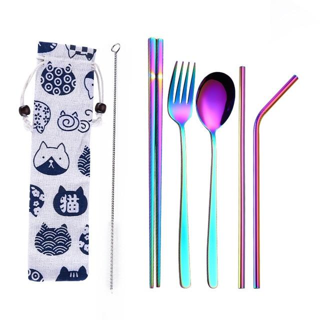 Tofok Stainless Steel Dinnerware Set Spoon Fork Chopsticks Straw With Cloth Pack Cutlery For Travel Outdoor Office Picnic BBQ