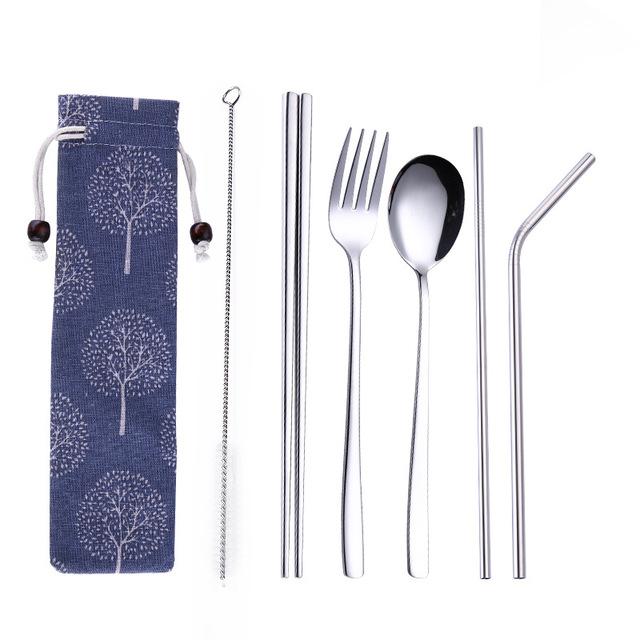 Tofok Stainless Steel Dinnerware Set Spoon Fork Chopsticks Straw With Cloth Pack Cutlery For Travel Outdoor Office Picnic BBQ