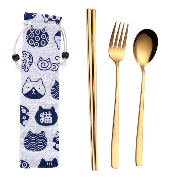 Tofok Stainless Steel Dinnerware Set Spoon Fork Chopsticks Straw With Cloth Pack Cutlery For Travel Outdoor Office Picnic BBQ