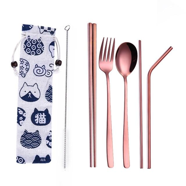 Tofok Stainless Steel Dinnerware Set Spoon Fork Chopsticks Straw With Cloth Pack Cutlery For Travel Outdoor Office Picnic BBQ