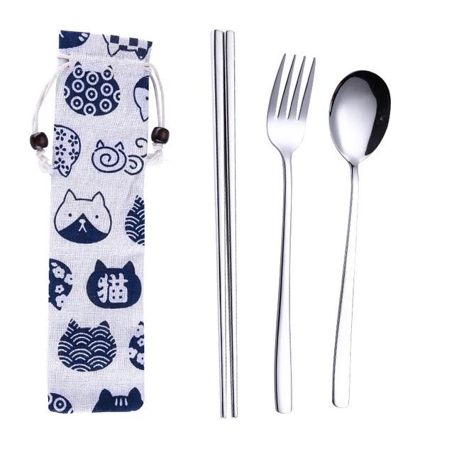 Tofok Stainless Steel Dinnerware Set Spoon Fork Chopsticks Straw With Cloth Pack Cutlery For Travel Outdoor Office Picnic BBQ