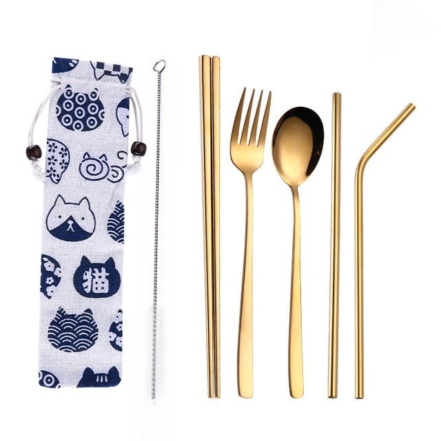 Tofok Stainless Steel Dinnerware Set Spoon Fork Chopsticks Straw With Cloth Pack Cutlery For Travel Outdoor Office Picnic BBQ