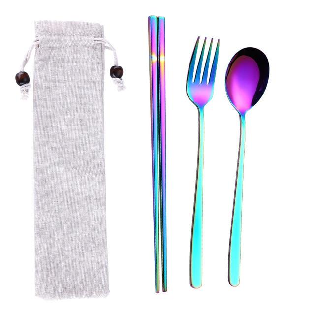 Tofok Stainless Steel Dinnerware Set Spoon Fork Chopsticks Straw With Cloth Pack Cutlery For Travel Outdoor Office Picnic BBQ