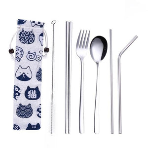 Tofok Stainless Steel Dinnerware Set Spoon Fork Chopsticks Straw With Cloth Pack Cutlery For Travel Outdoor Office Picnic BBQ