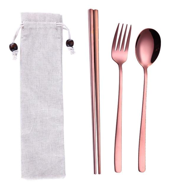 Tofok Stainless Steel Dinnerware Set Spoon Fork Chopsticks Straw With Cloth Pack Cutlery For Travel Outdoor Office Picnic BBQ