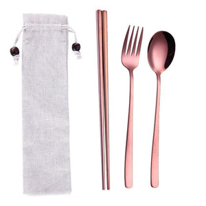 Tofok Stainless Steel Dinnerware Set Spoon Fork Chopsticks Straw With Cloth Pack Cutlery For Travel Outdoor Office Picnic BBQ