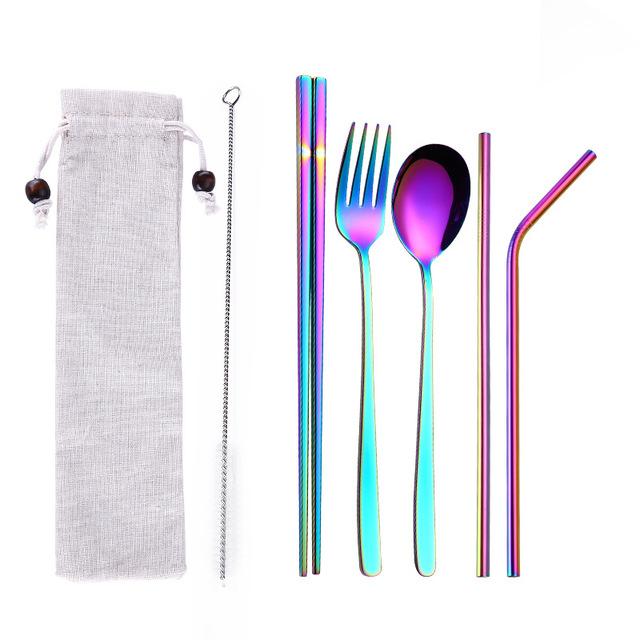 Tofok Stainless Steel Dinnerware Set Spoon Fork Chopsticks Straw With Cloth Pack Cutlery For Travel Outdoor Office Picnic BBQ